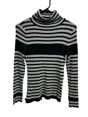 Pout Black Gray Striped Ribbed Turtleneck Sweater Knit Top Preppy Chic